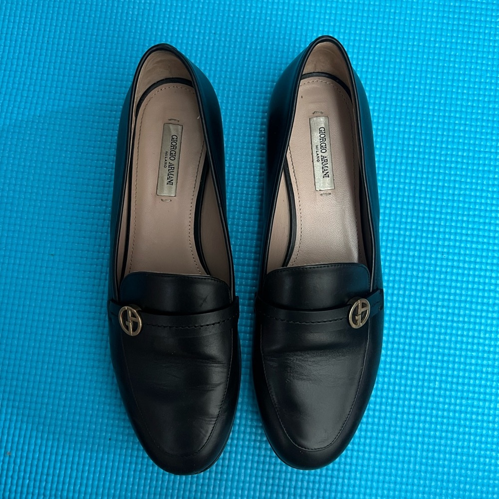 Giorgio Armani Black Leather Loafers with Metal Accent